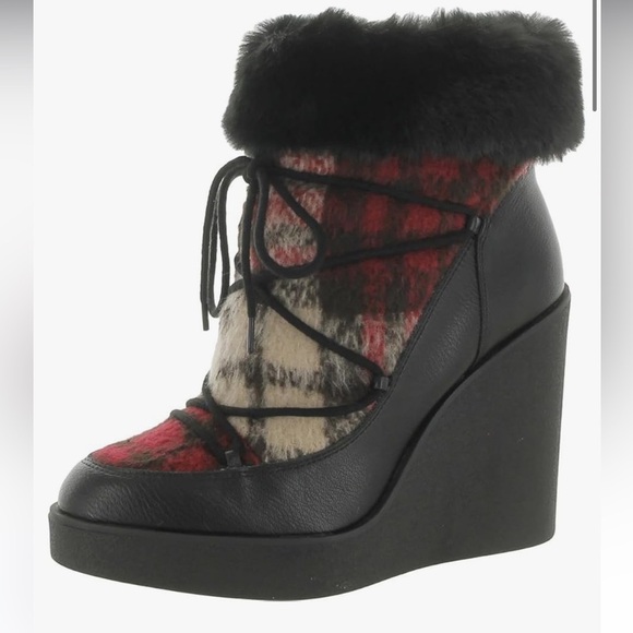 Jessica Simpson Myina red plaid Faux fur ankle laceup wedge platform Boots sz 9 - Picture 6 of 10